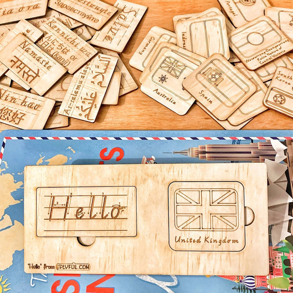 'Hello' , A Wooden Language, Country and Flag Puzzle