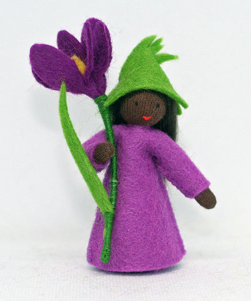 Crocus Fairy (miniature standing felt doll, holding flower) - Dark Skin