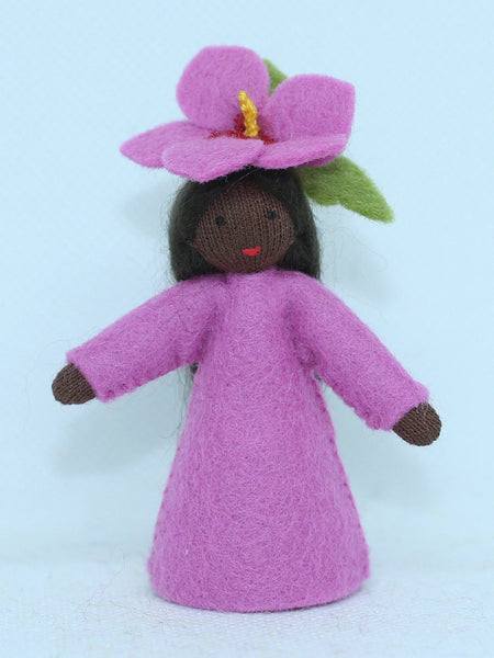 Hibiscus Fairy (miniature standing felt doll, flower hat, pink) - Dark Skin
