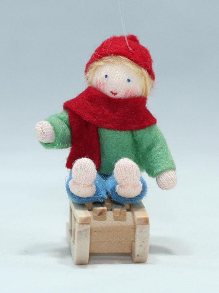 Boy on Sleigh (miniature hanging felt doll set) - Fair Skin