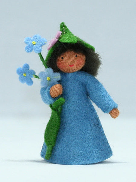 Forget-Me-Not Prince (miniature standing felt doll, holding flower) - Medium Skin