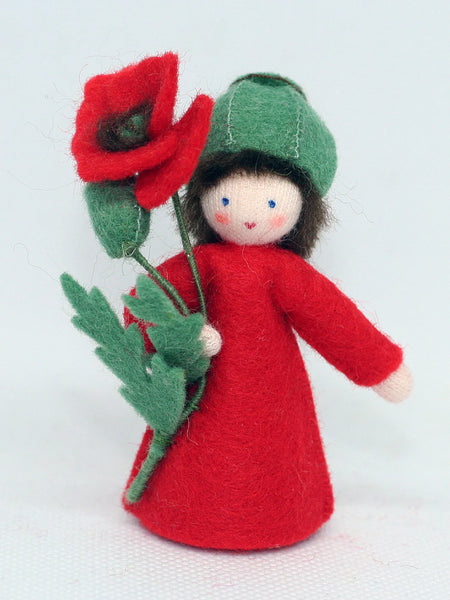 Red Poppy Prince (miniature standing felt doll, holding flower) - Fair Skin