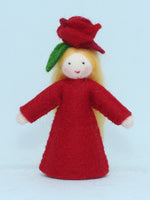 Rose Fairy (miniature standing felt doll, flower hat, red) - Fair Skin